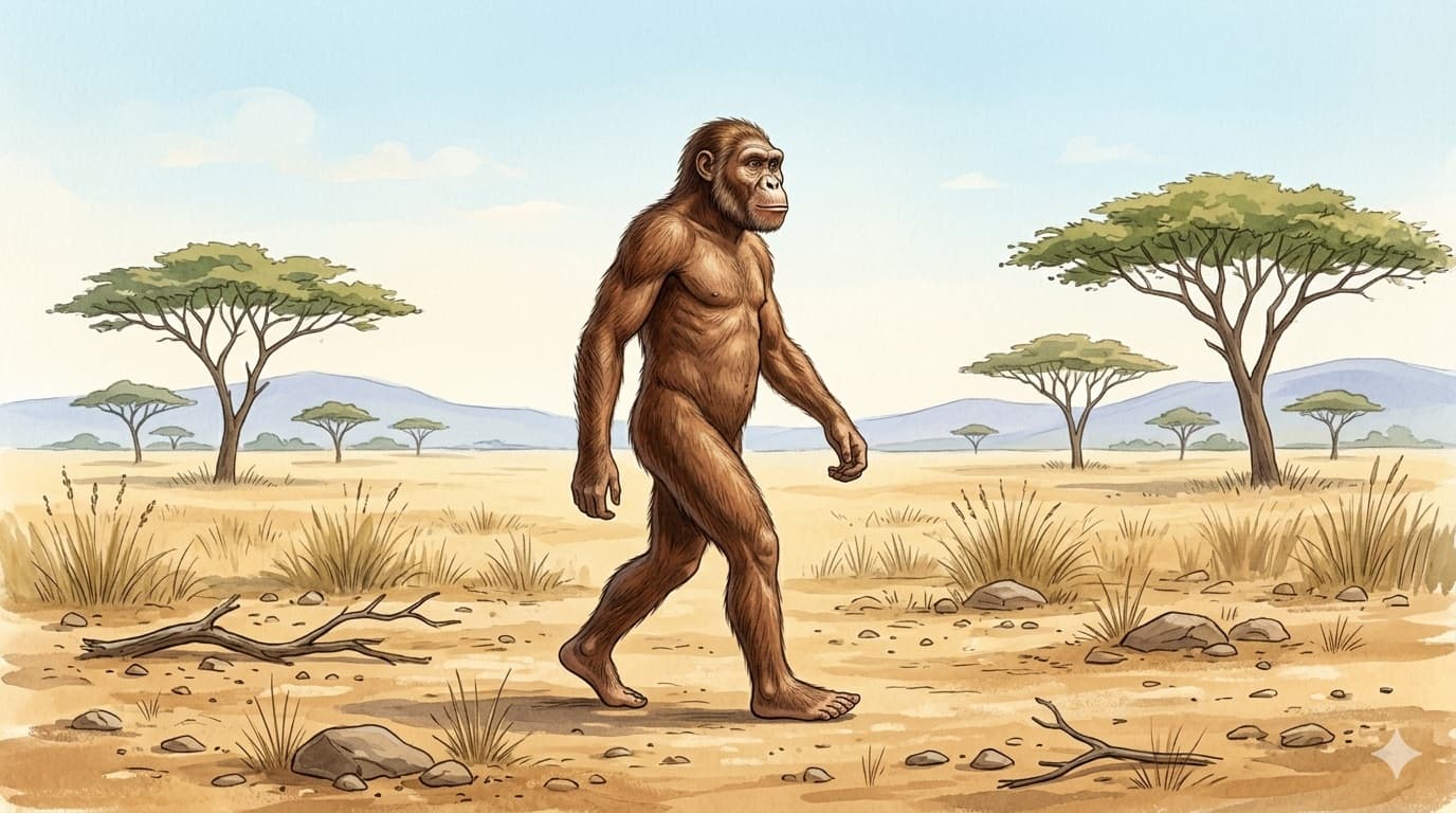 Wide illustration of the habitat of Australopithecus afarensis