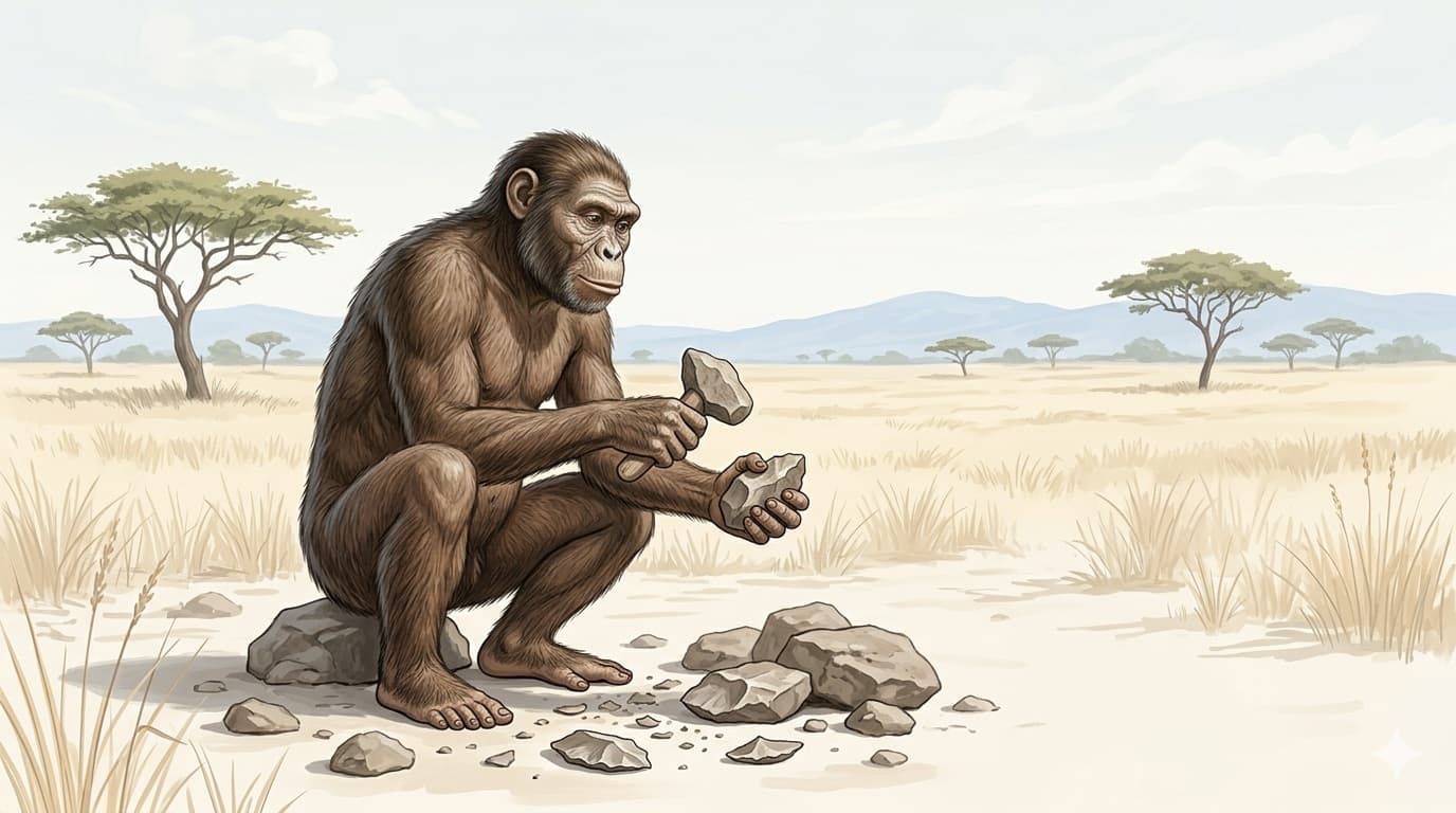 Wide illustration of the habitat of Homo habilis